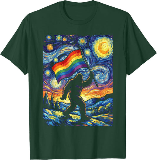 Bigfoot Starry Night Sasquatch Gay Pride LGBT Support T-Shirt - T-Shirt | Forest