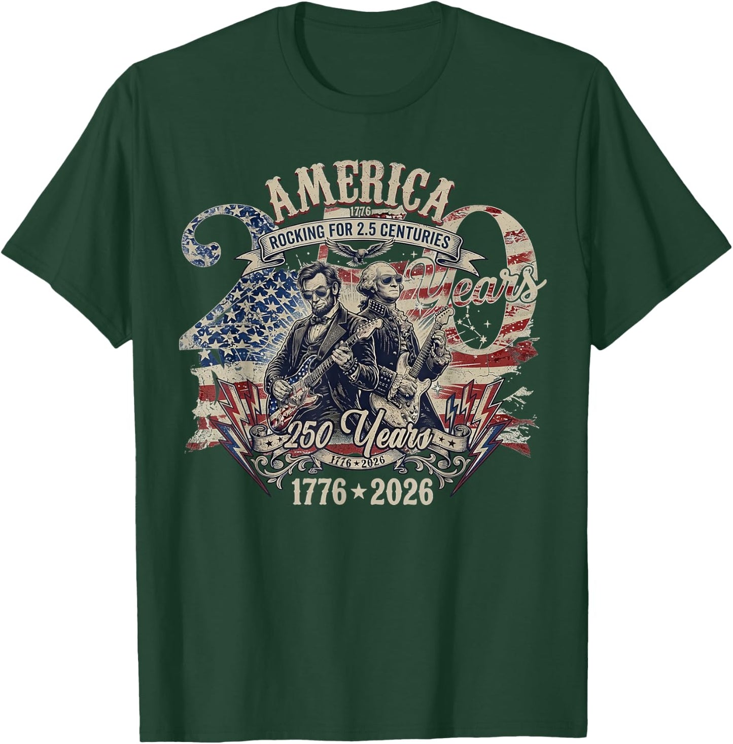 Patriotic Washington Lincoln Playing Guitar 250 Years T-Shirt - T-Shirt | Forest