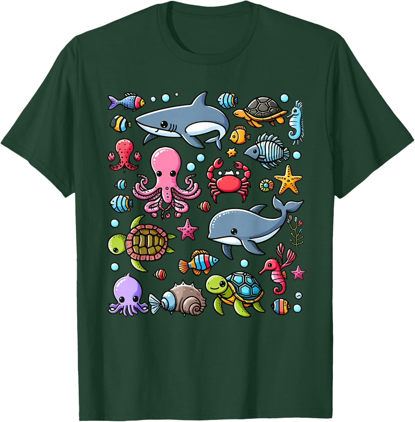 Colourful Sea Animals for Kids, Cute Sea Creatures , black T-Shirt - T-Shirt | Forest