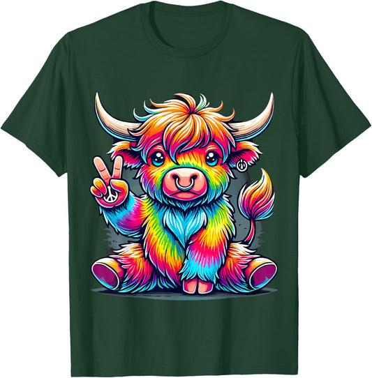 Tie-Dye Highland Cow Peace Sign Hippie T-Shirt - T-Shirt | Forest