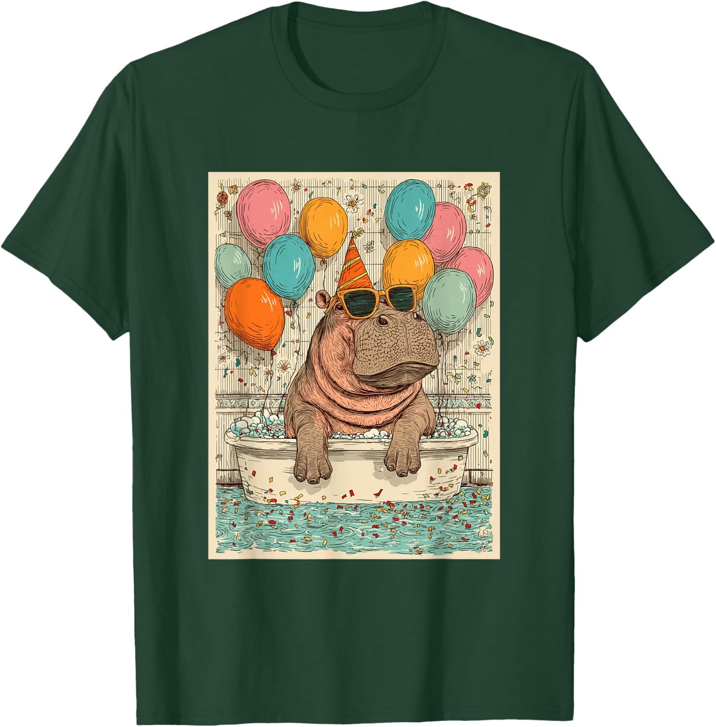 Hippo Birthday Party Balloons Bathtub Art Print T-Shirt - T-Shirt | Forest