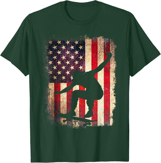 Skateboard American Flag Skateboarder Skater USA 4th of July T-Shirt - T-Shirt | Forest