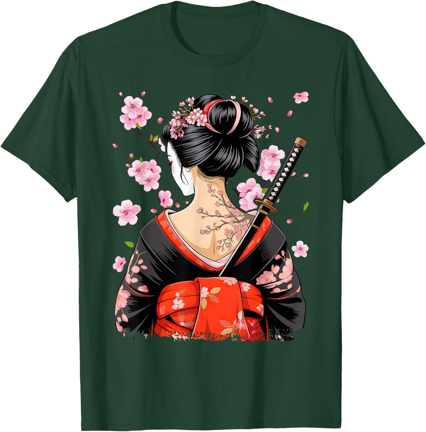 Japanese Samurai Girl Sakura Cherry Blossom Geisha T-Shirt - T-Shirt | Forest