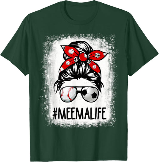 Bleached Meema Life Soccer Messy Bun Baseball Game Day T-Shirt - T-Shirt | Forest