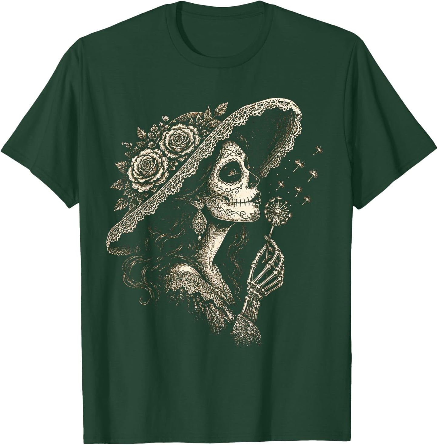 la Catrina Blowing Wish Sugar Skull Lady Dandelion Art T-Shirt - T-Shirt | Forest