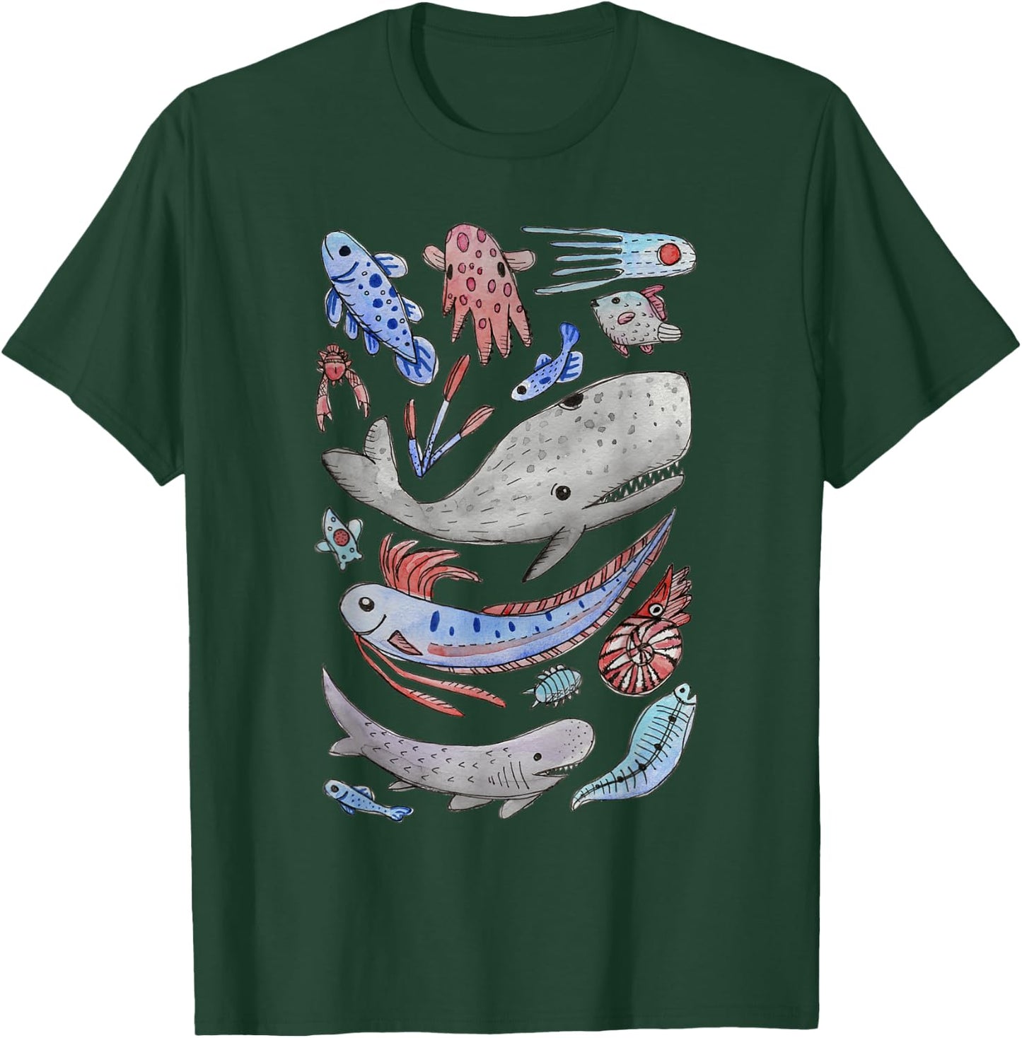 Deep Sea Ocean Creatures Oarfish Whale Shark Watercolor T-Shirt - T-Shirt | Forest