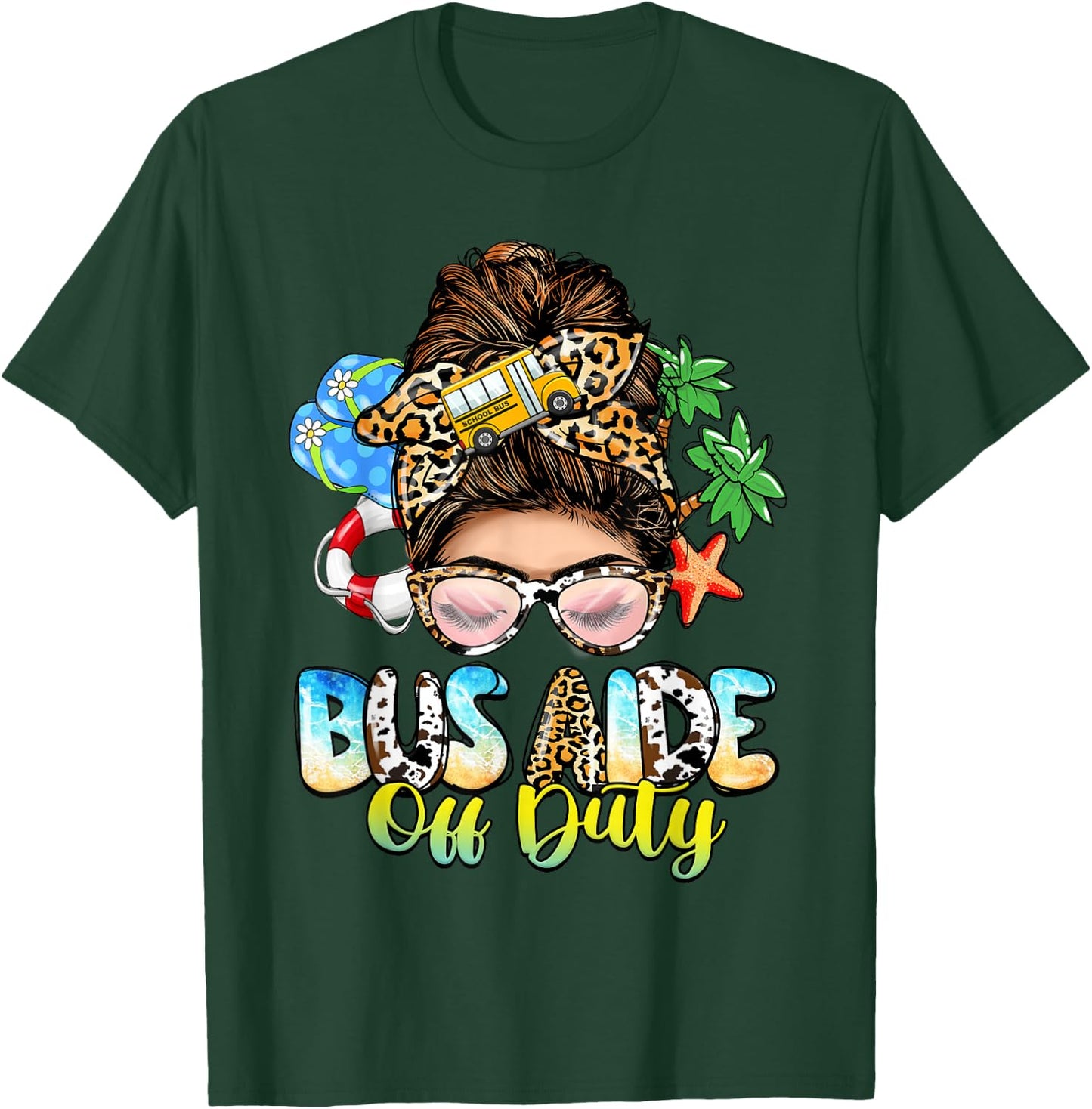Buses Consultant Messy Bun Leopard Last Day of School T-Shirt - T-Shirt | Forest