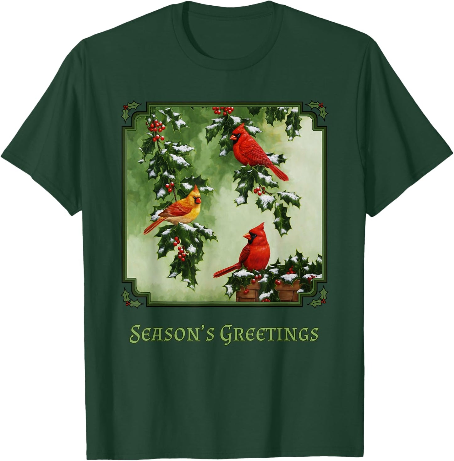 Red Cardinal Birds Christmas Holly Berries Leaves Snow T-Shirt - T-Shirt | Forest
