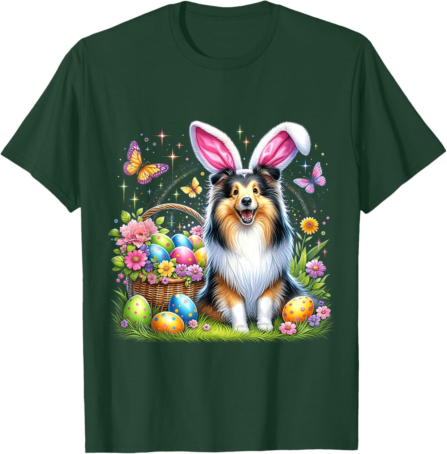 Cute Bunny Shetland Sheepdog Dog Easter Eggs Basket Party T-Shirt - T-Shirt | Forest