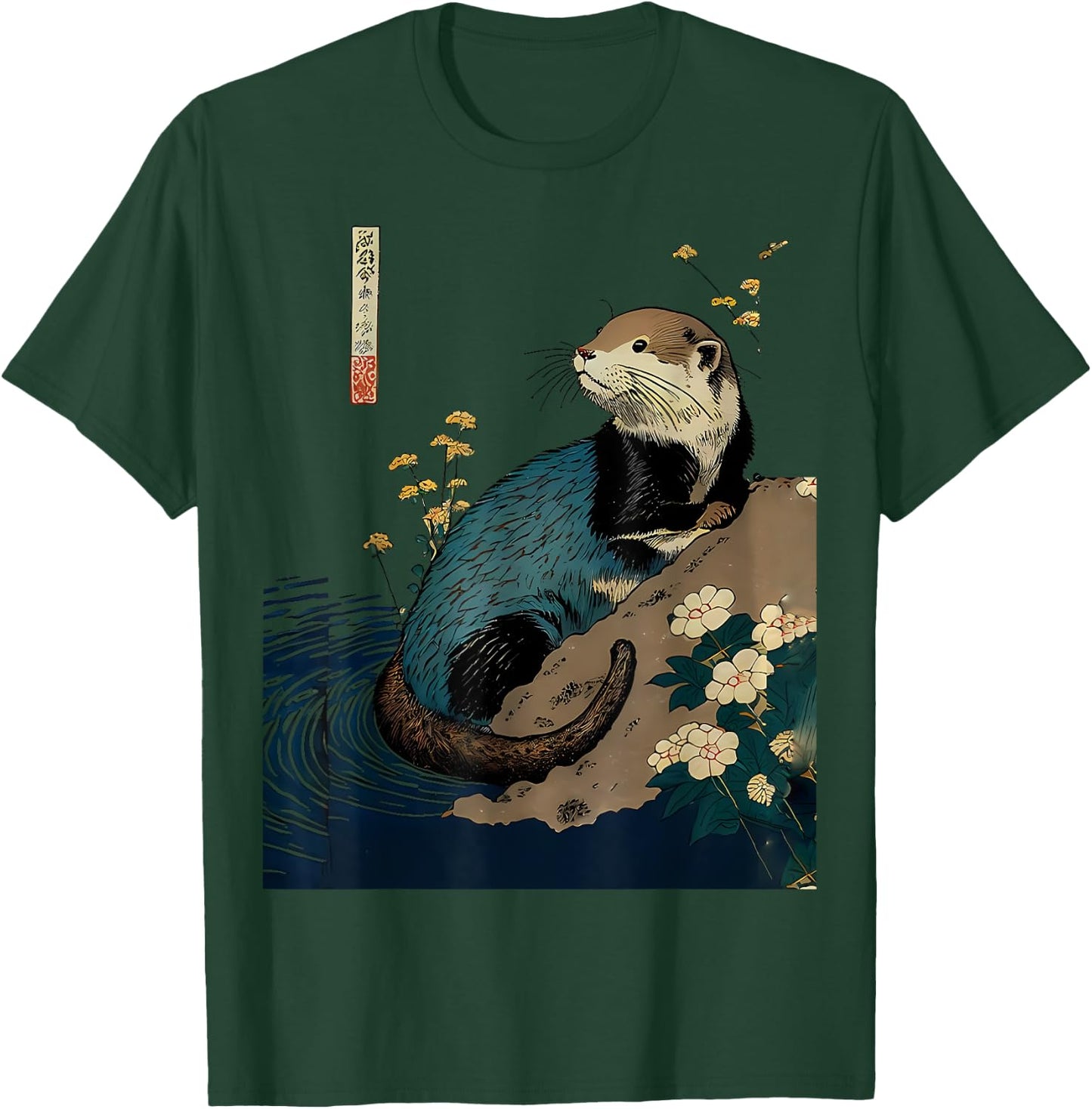 Floral Otter Water Japanese Art Print T-Shirt - T-Shirt | Forest