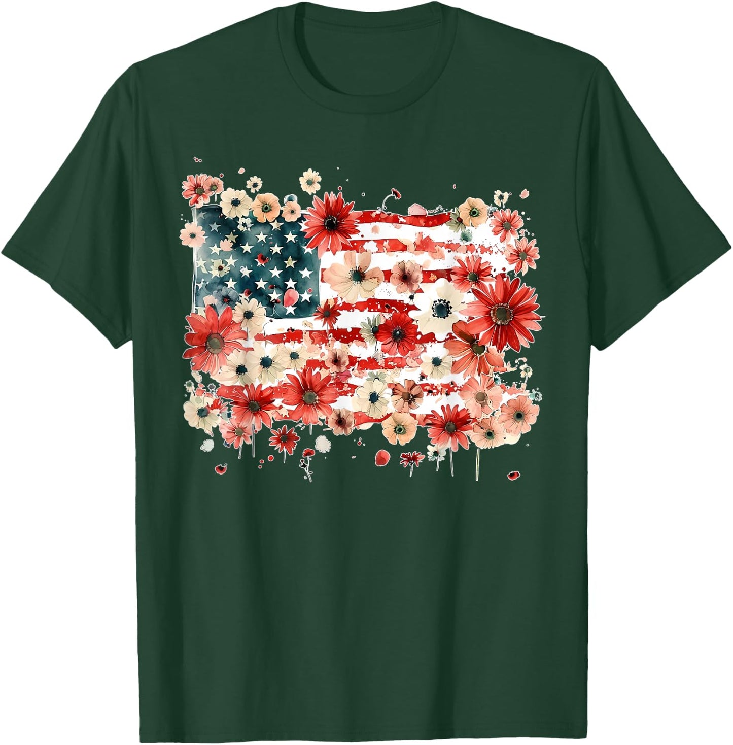 Floral USA Est 1776 Patriotic Wildflower 4th of July Retro T-Shirt - T-Shirt | Forest