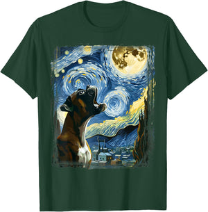 Boxer Dog Moonlit Canine Art Van Gogh Starry Night Boxer T-Shirt - T-Shirt | Forest