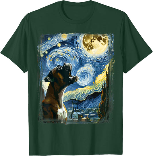 Boxer Dog Moonlit Canine Art Van Gogh Starry Night Boxer T-Shirt - T-Shirt | Forest