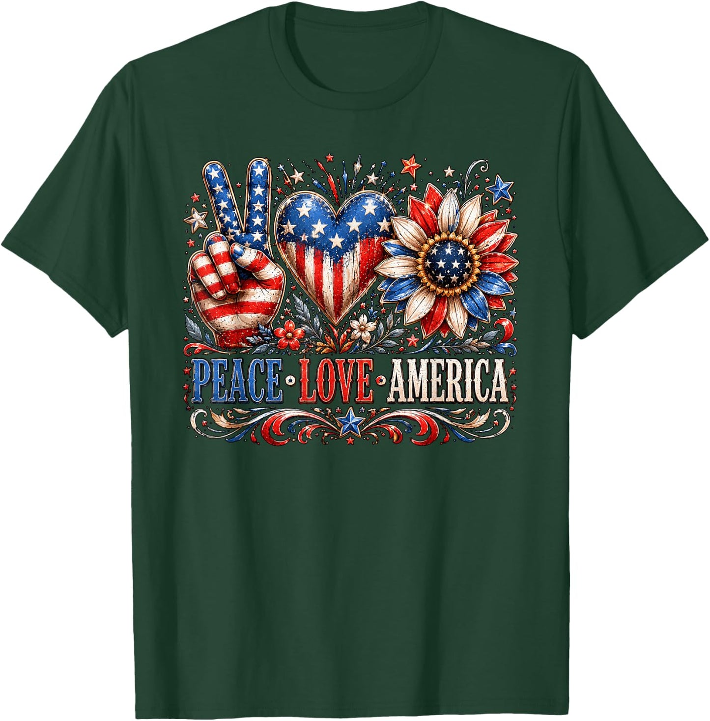 Patriotic Sunflower USA Flag Peace Love America 4th of July T-Shirt - T-Shirt | Forest