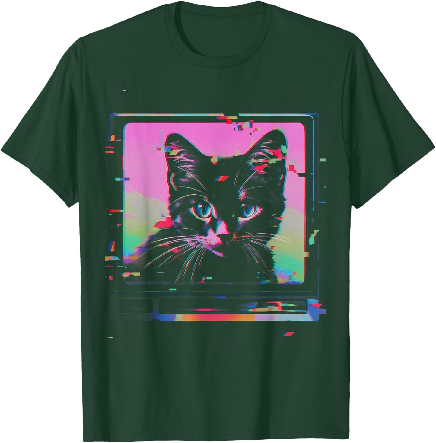 Psychedelic Trippy Glitch Cat | 80s 90s Vaporwave Synthwave T-Shirt - T-Shirt | Forest