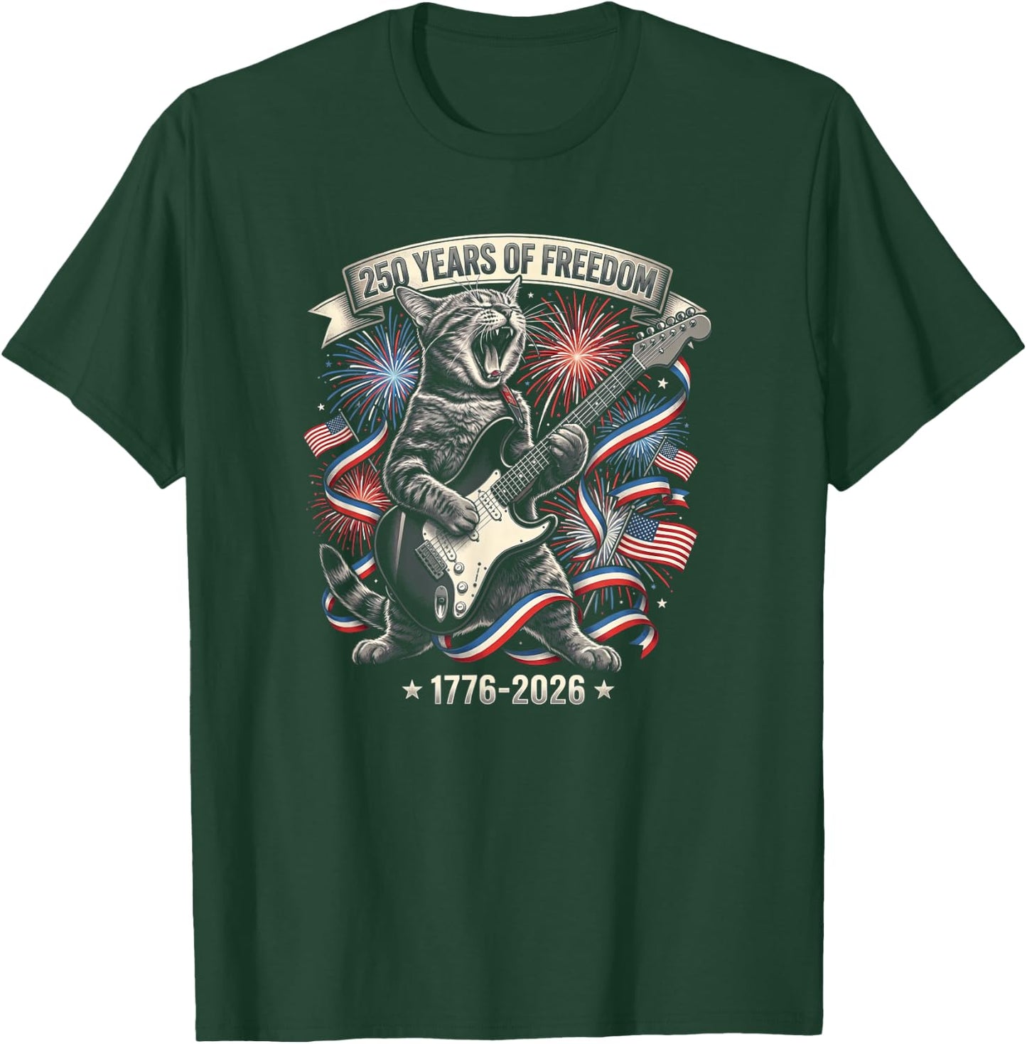 Funny Cat 250 Years Rock American Flag Patriotic 4th of July T-Shirt - T-Shirt | Forest