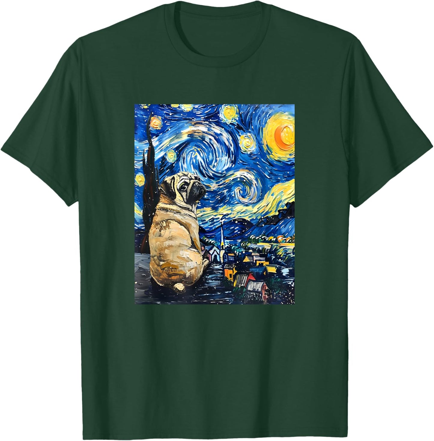 Cute Van Gogh Pug Starry Night Funny Dog Women Men T-Shirt - T-Shirt | Forest