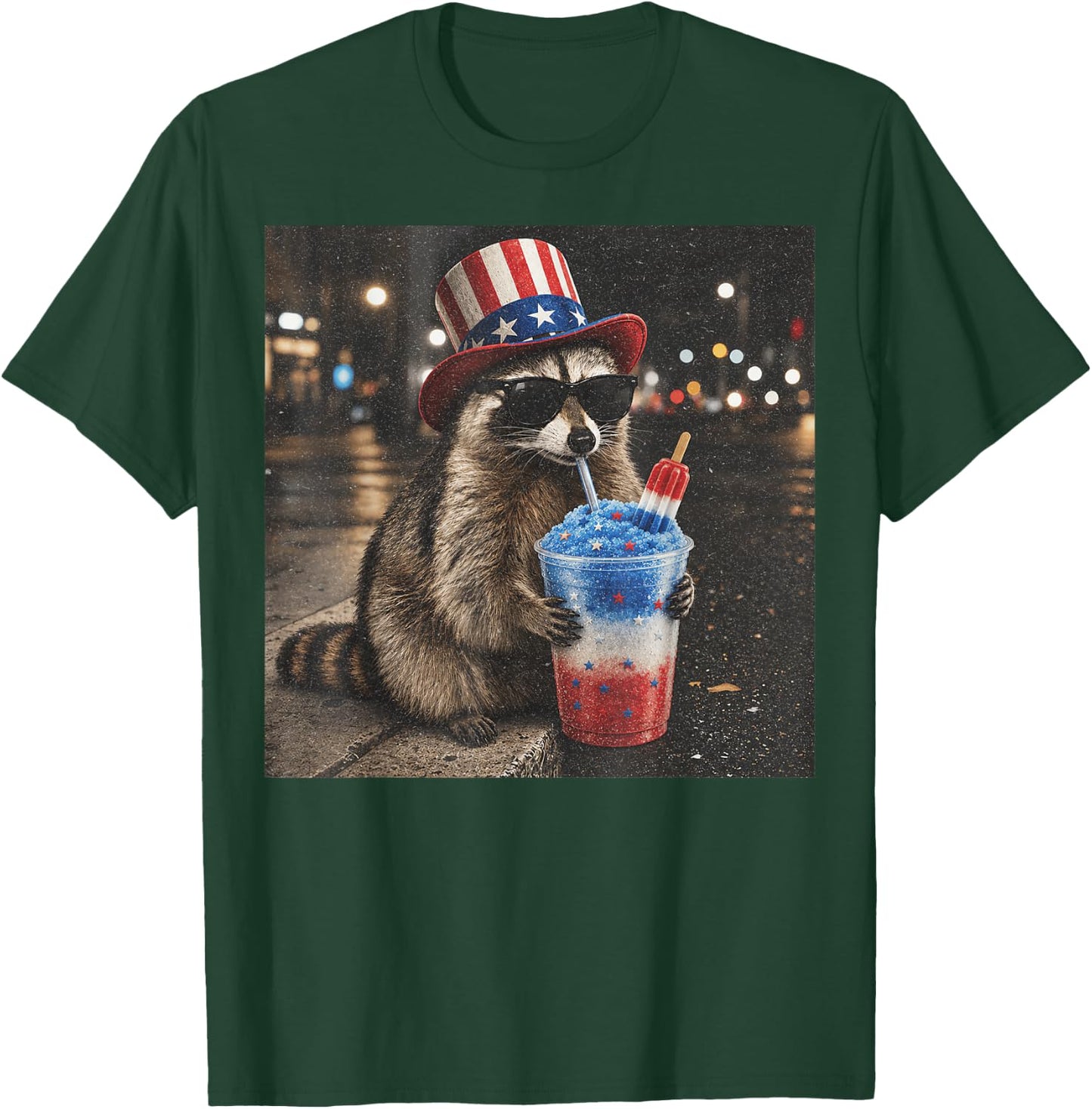 4th of July Raccoon Drinking Red White Blue Slushie Popsicle T-Shirt - T-Shirt | Forest