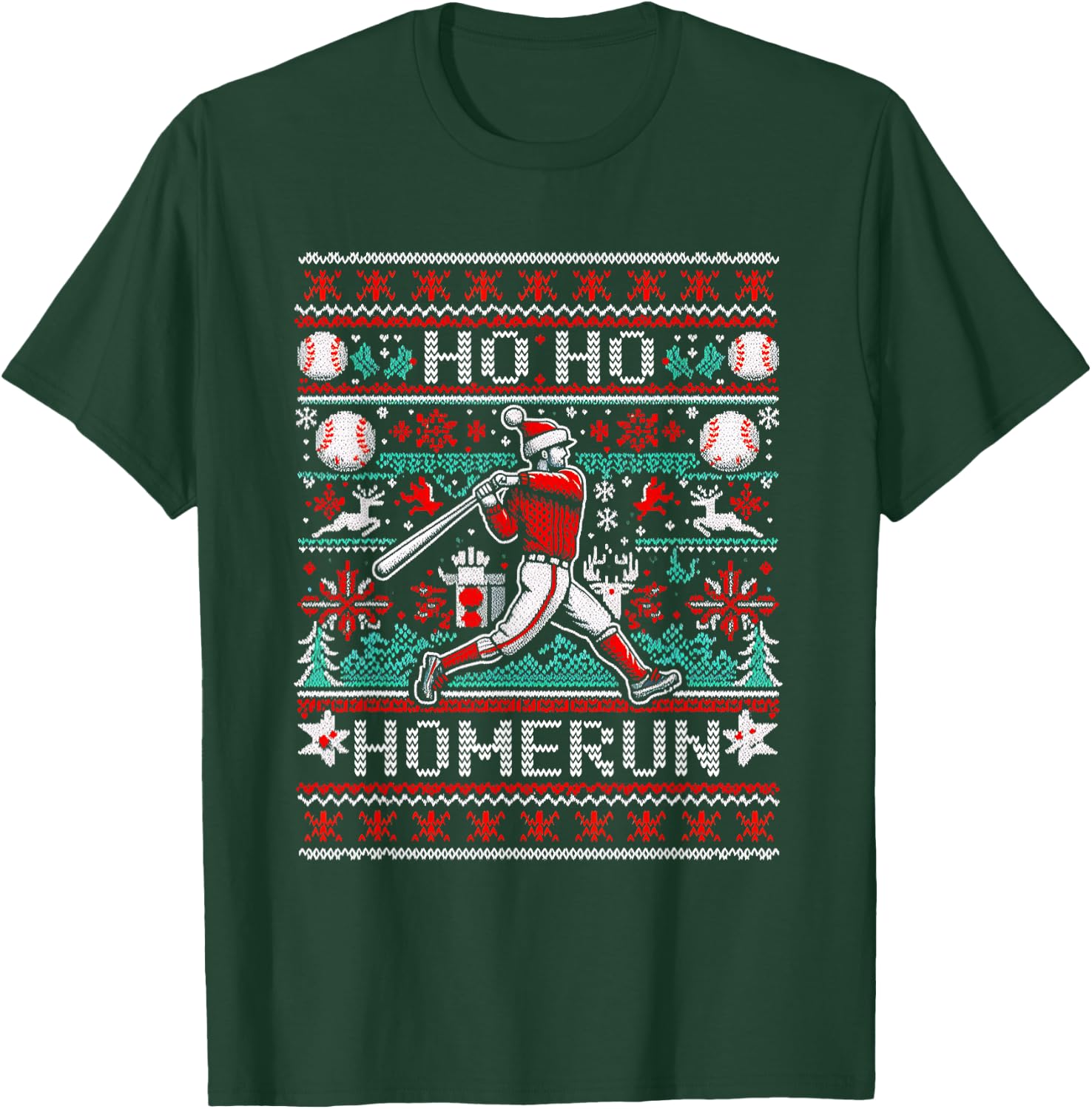 Ho Ho Homerun Baseball Ugly Christmas Sweater Party Hitter T-Shirt - T-Shirt | Forest