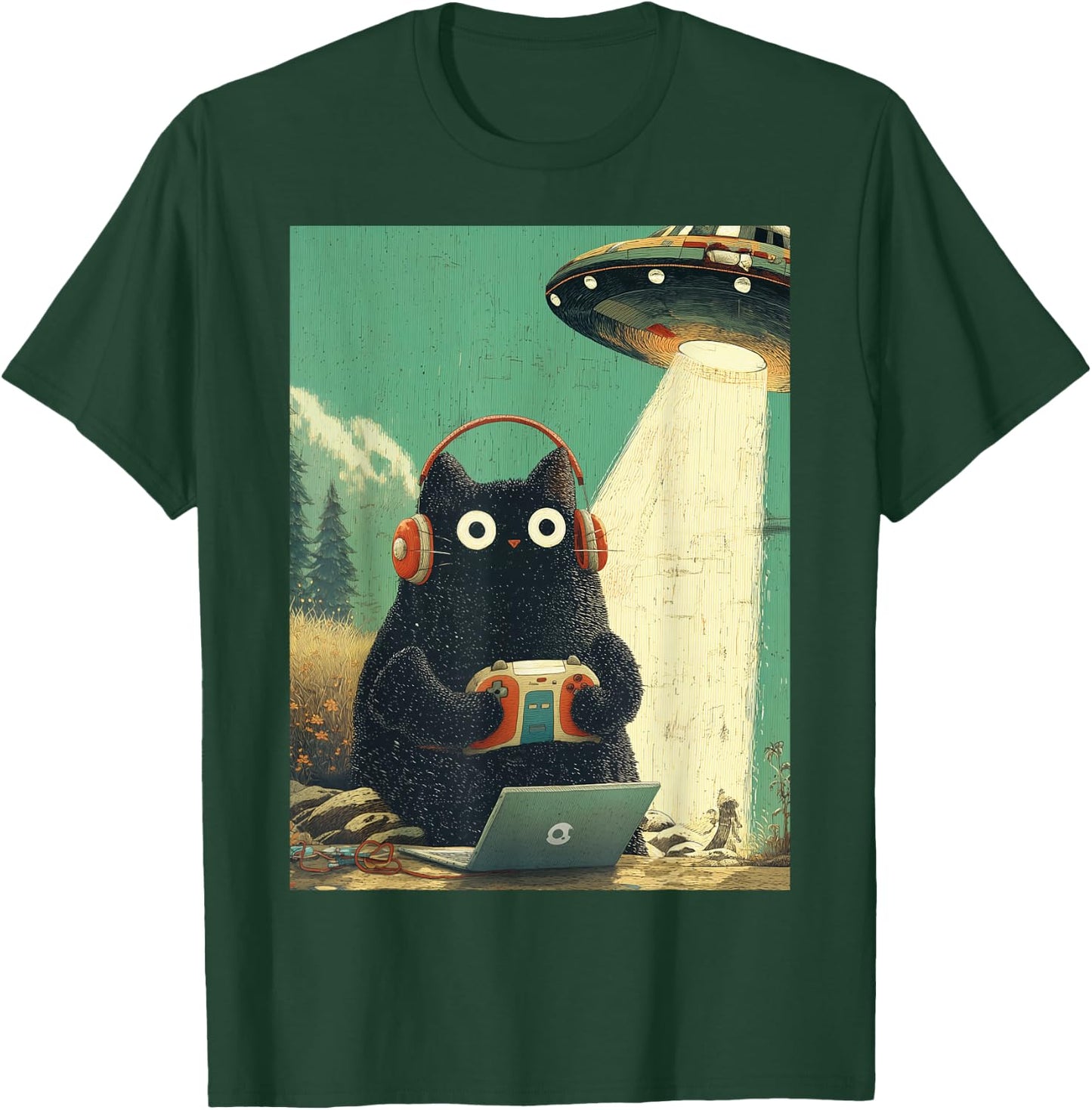 Vintage Japanische Katze Gamer Videospiele Abduktion UFO Anime T-Shirt - T-Shirt | Forest
