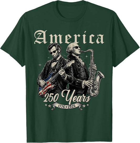 Abe Lincoln George Washington Playing Guitar Saxophone 250th T-Shirt - T-Shirt | Forest