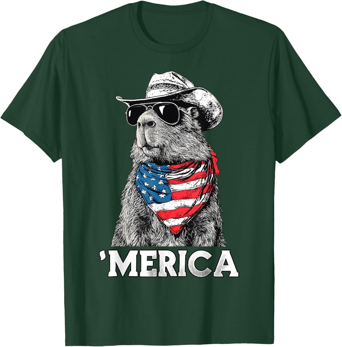 Capybara Sunglasses American Flag Bandana Cowboy Hat Country T-Shirt - T-Shirt | Forest