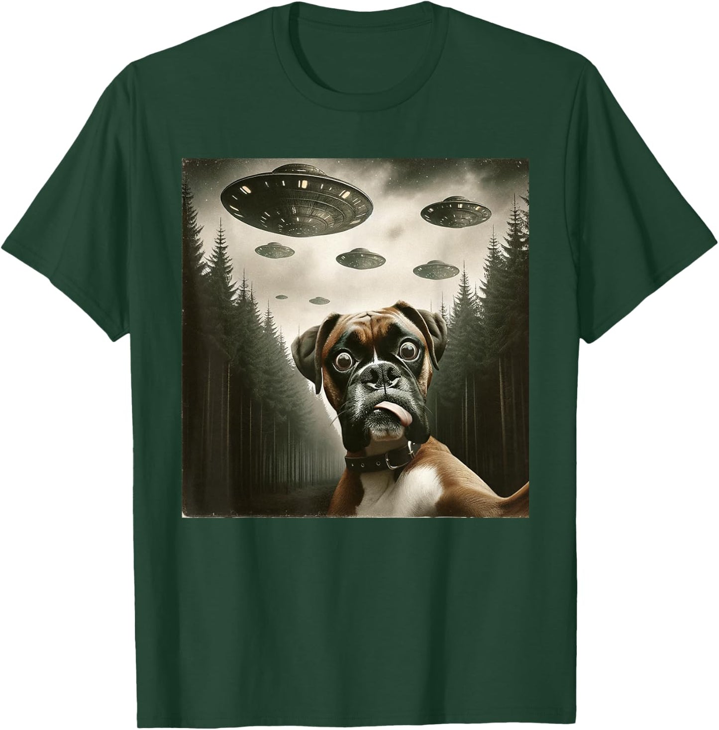 Funny Boxer Dog Selfie with UFOs Alien Dog T-Shirt - T-Shirt | Forest