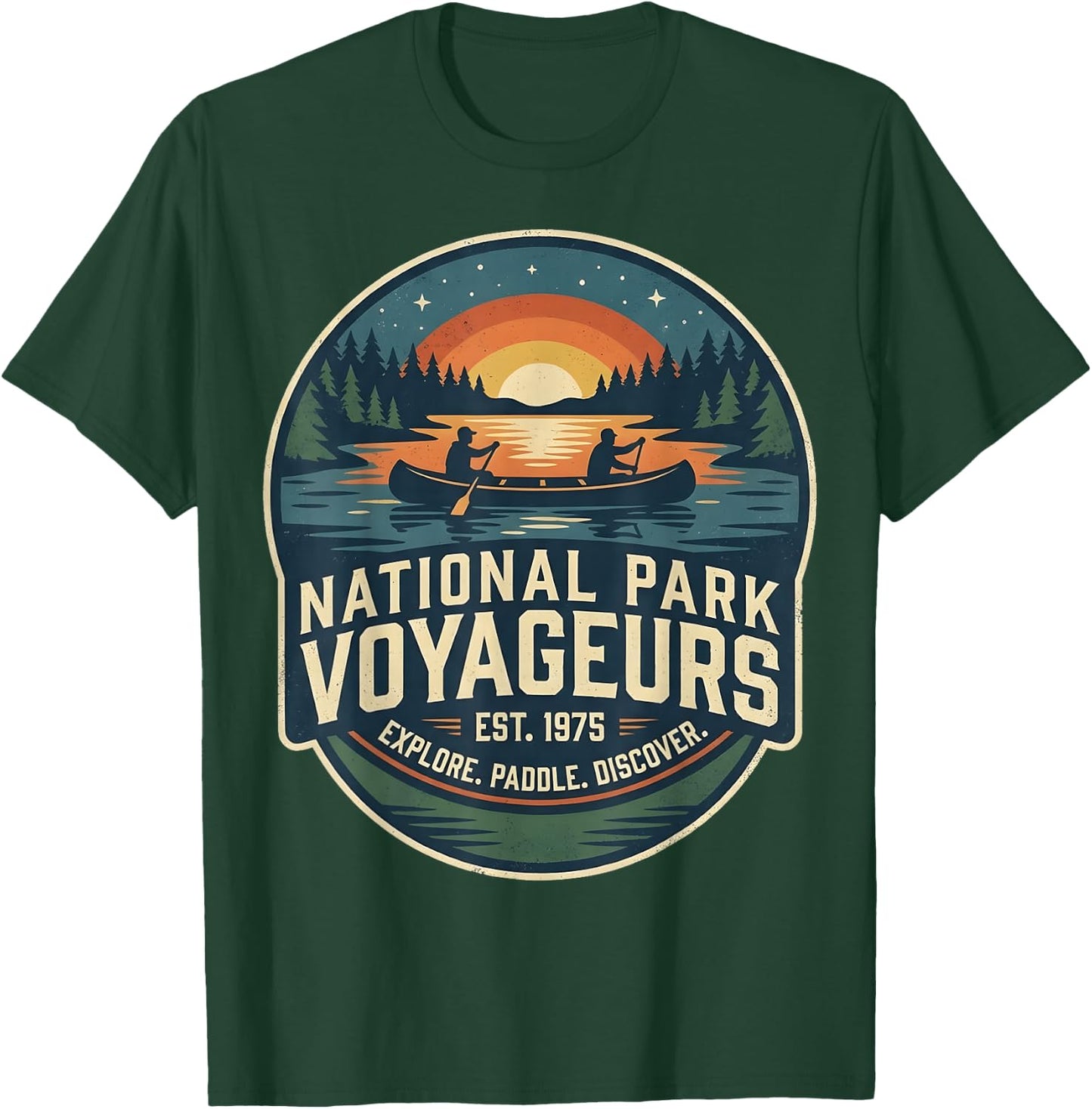 National Park Voyageurs Retro Sunset Canoe Paddling Badge T-Shirt - T-Shirt | Forest