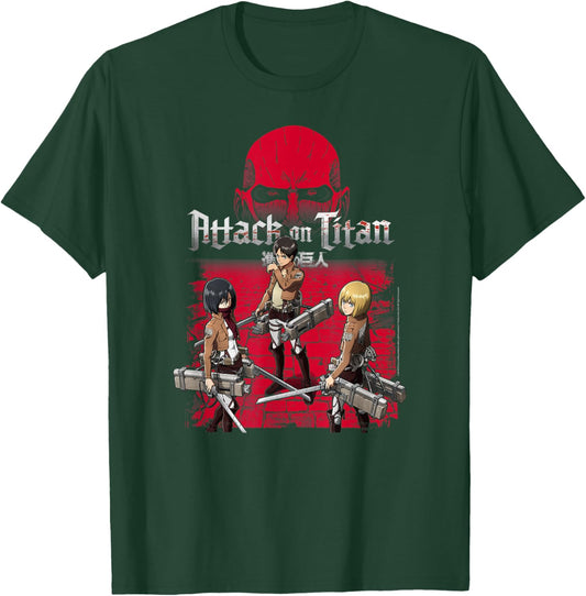 Attack on Titan 3 Main Characters Red Background Anime T-Shirt - T-Shirt | Forest