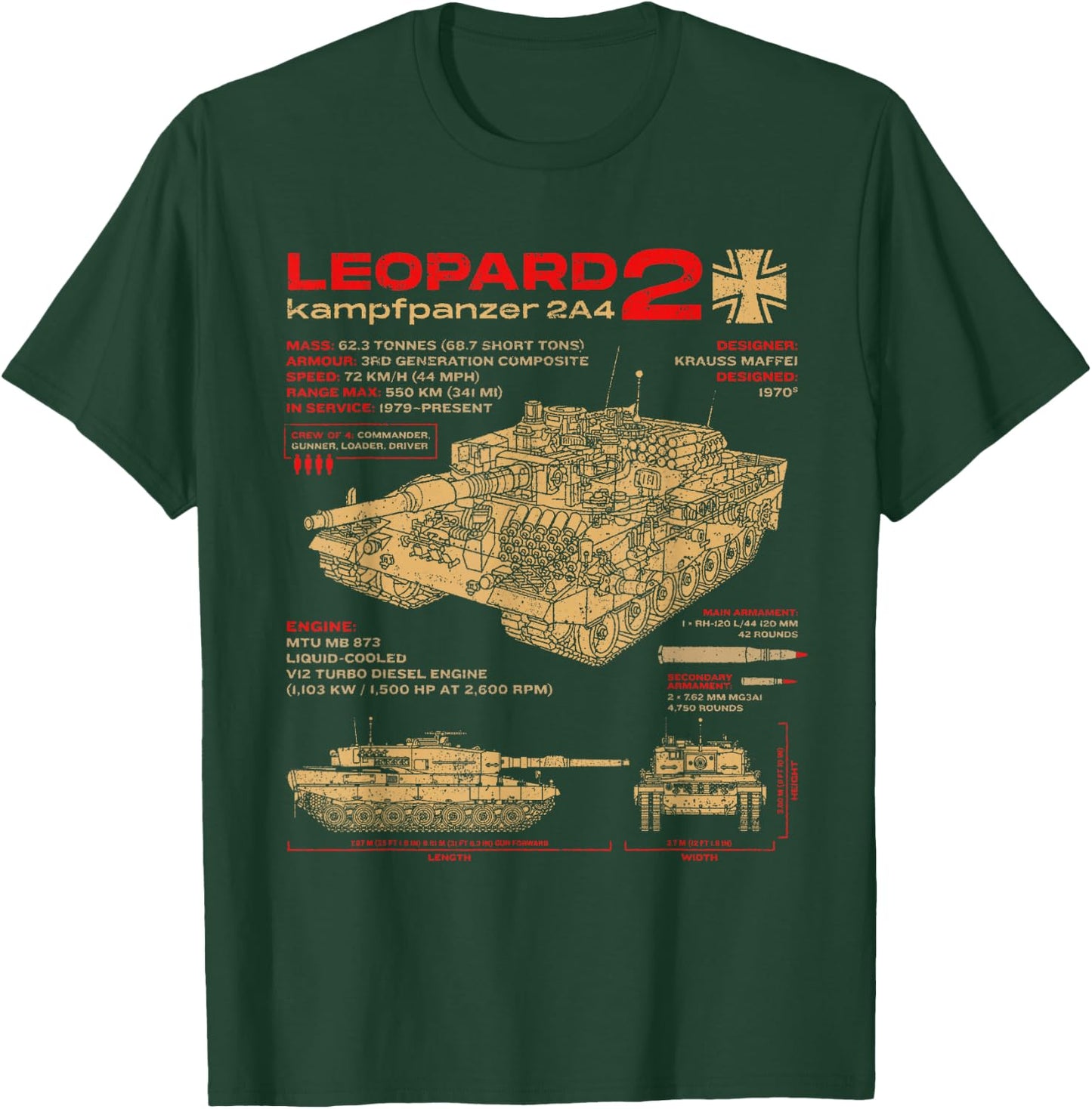 Leopard 2 2A4 Panzer Panzer Fahrzeug Blueprint T-Shirt - T-Shirt | Forest