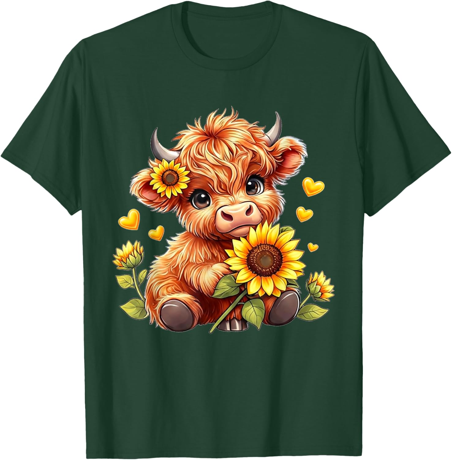 Cute Highland Cow Sunflowers Girls Women Animal Lovers T-Shirt - T-Shirt | Forest