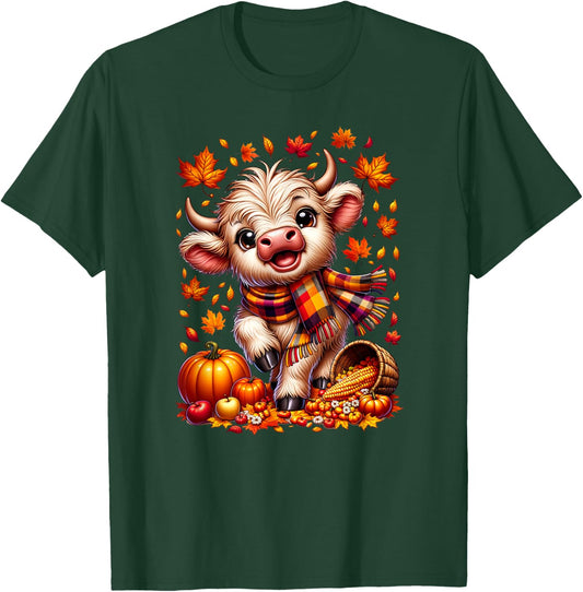 Cute Scottish Highland Baby Cow Calf Fall and Kids T-Shirt - T-Shirt | Forest