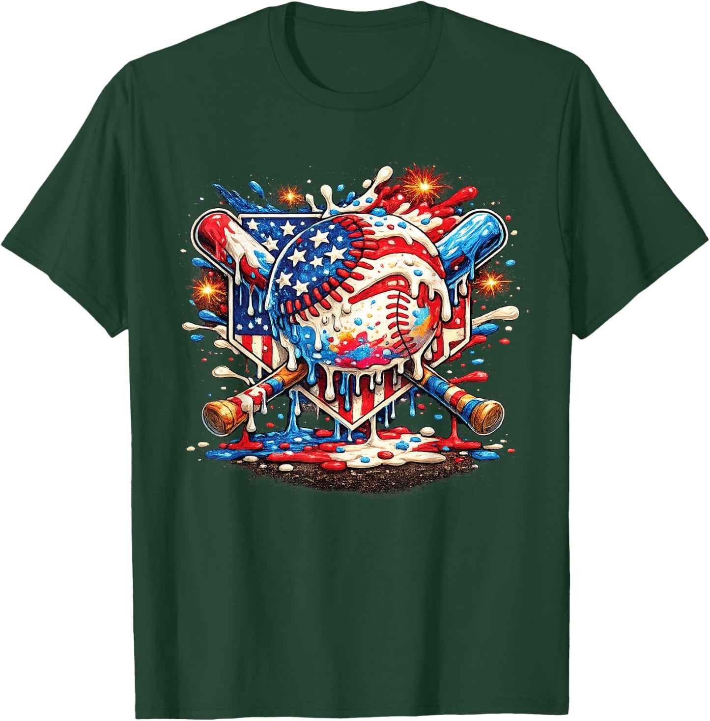 Baseball Drip Ice Cream Patriot American Flag 4th of July T-Shirt - T-Shirt | Forest