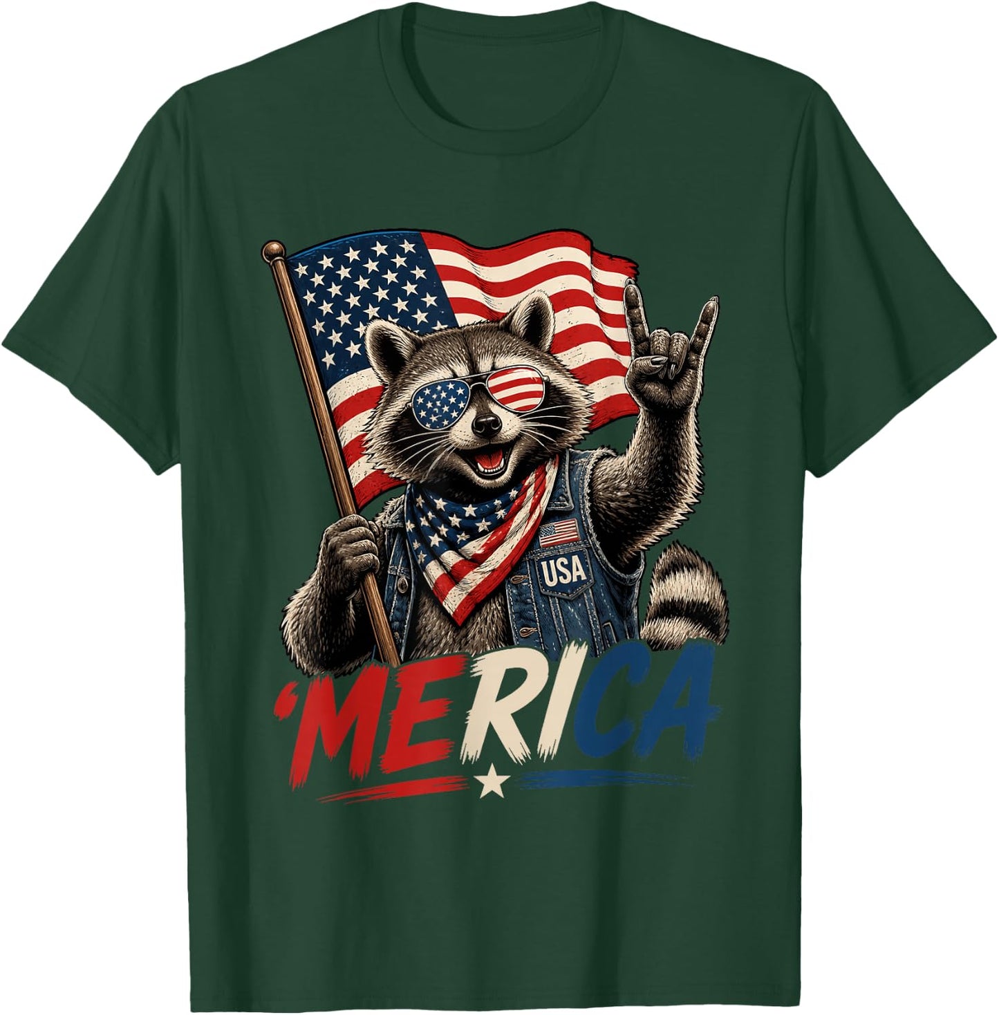 4th of July Raccoon Merica Rock Men Women Kid USA Flag T-Shirt - T-Shirt | Forest