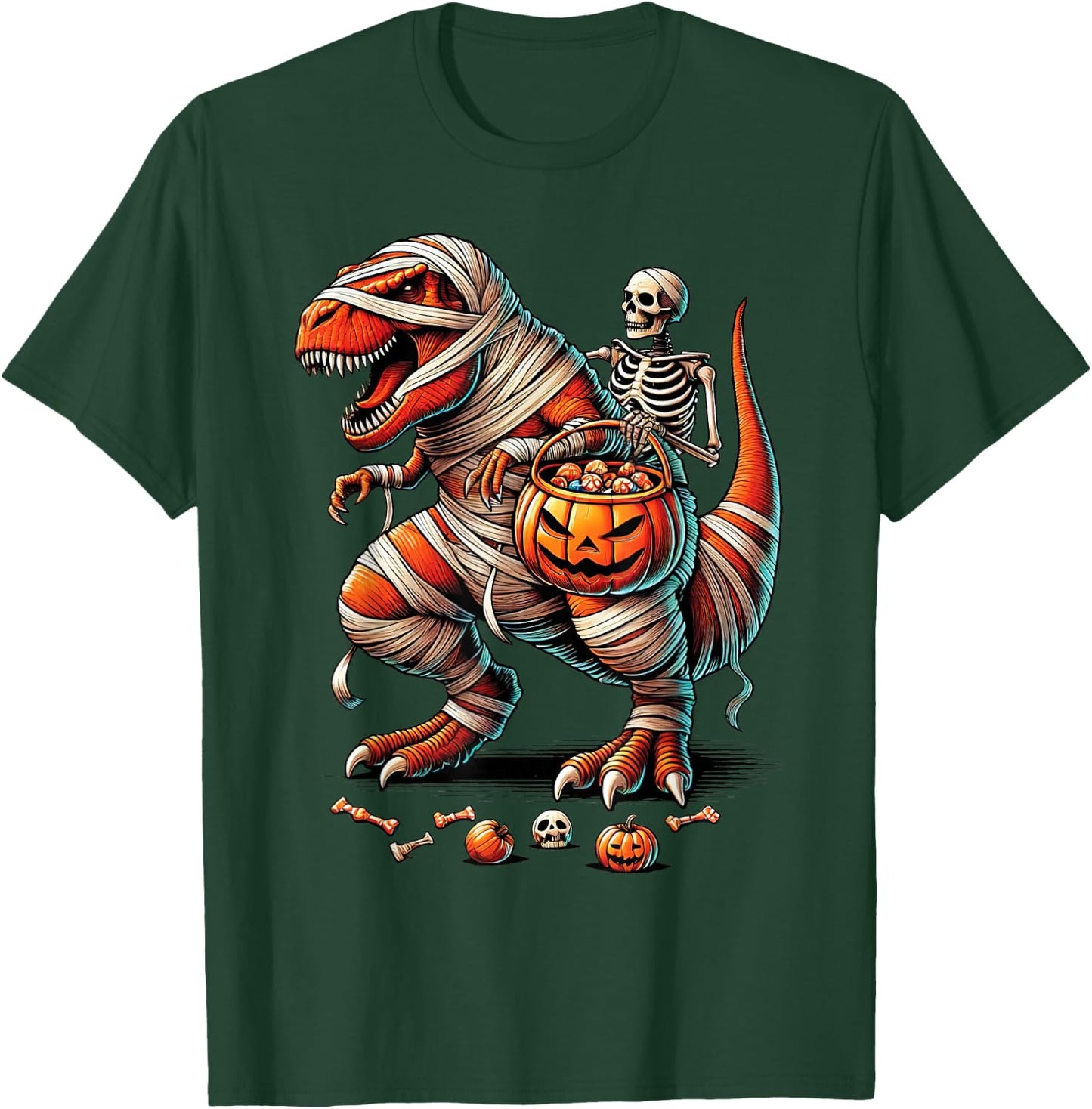 Skeleton Riding Mummy Dinosaur T Rex Kid Boy Funny Halloween T-Shirt - T-Shirt | Forest