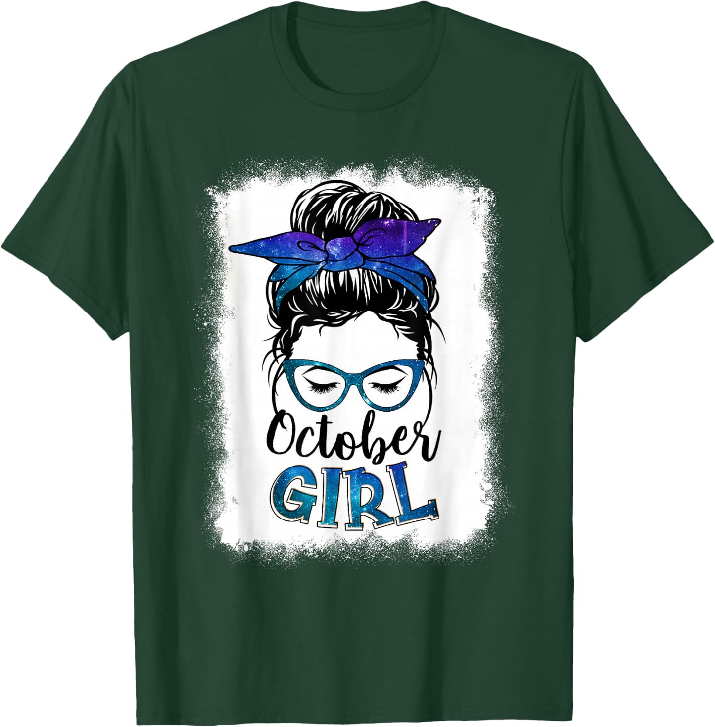 October Girl Galaxy Women Face Messy Bun Hair Bandana Bday T-Shirt - T-Shirt | Forest