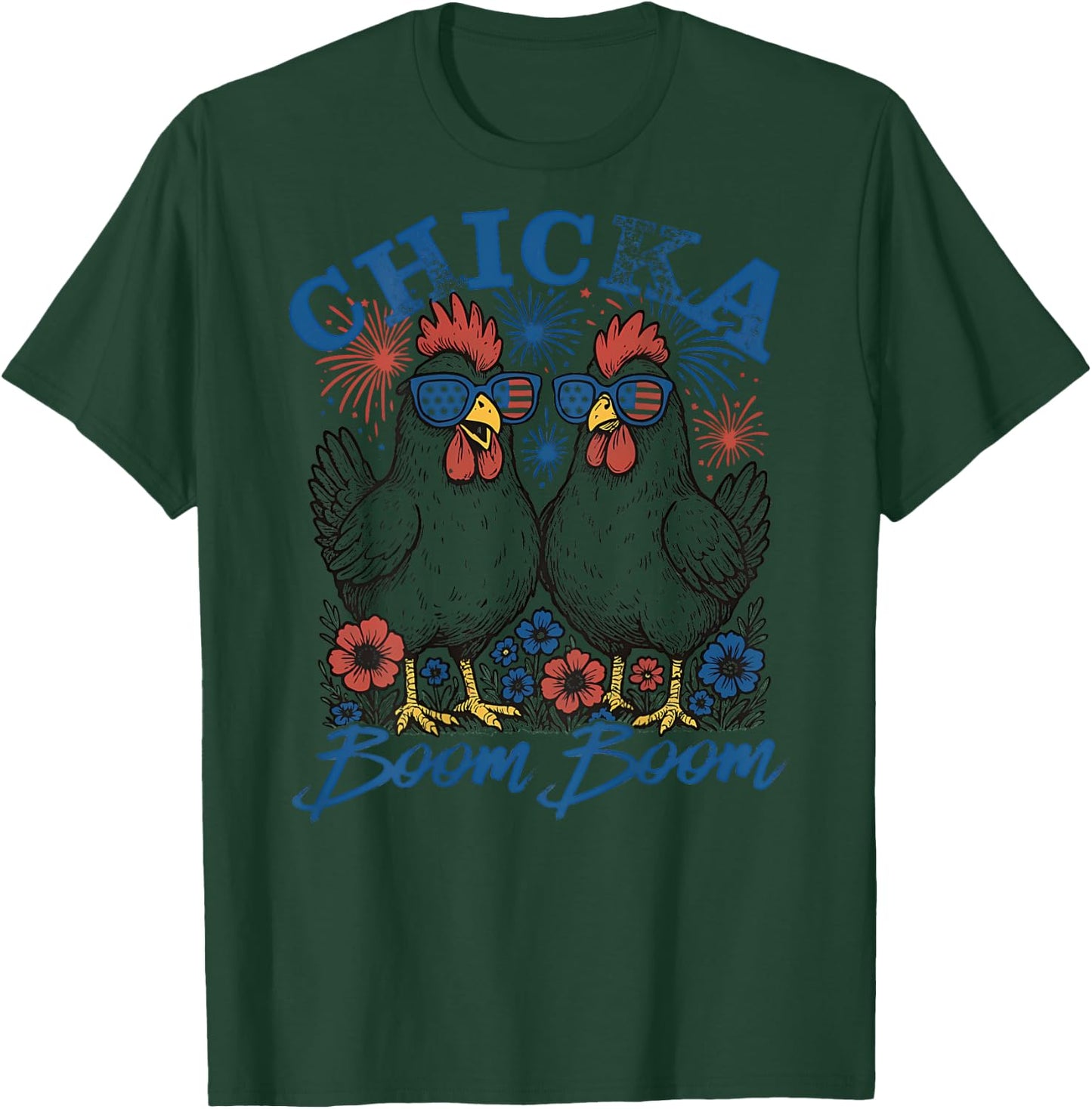 Chicka Boom Boom Patriotic Chicken 4th of July USA - On Back T-Shirt - T-Shirt | Forest