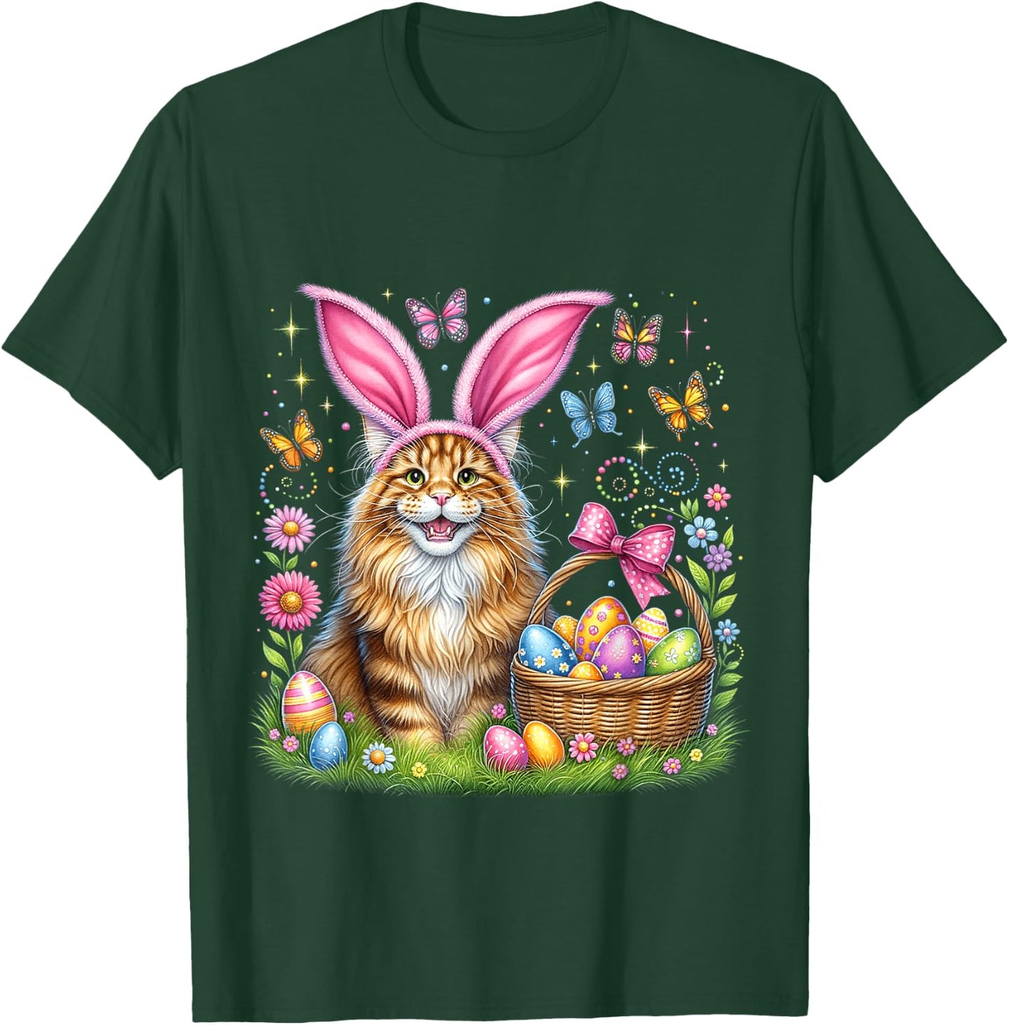Happy Easter Cute Bunny Maine Coon Cat Easter Eggs Basket T-Shirt - T-Shirt | Forest