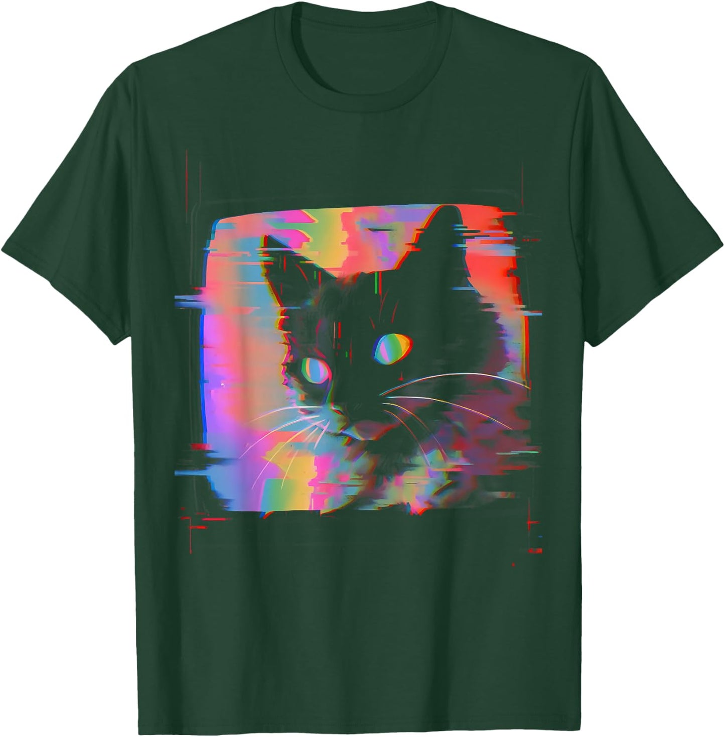 Psychedelic Trippy Glitch Cat | 80s 90s Vaporwave Synthwave T-Shirt - T-Shirt | Forest