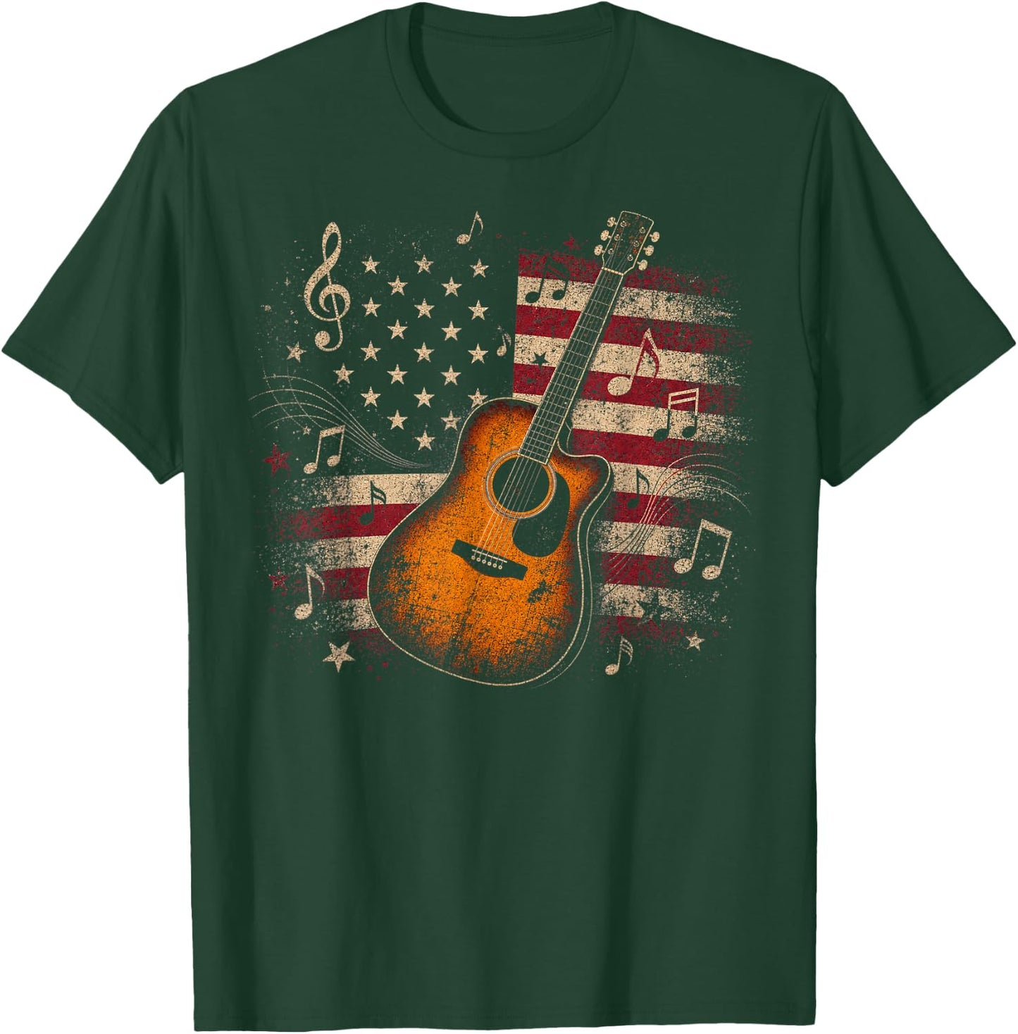 Patriotic Acoustic Guitar with American Flag Design T-Shirt - T-Shirt | Forest