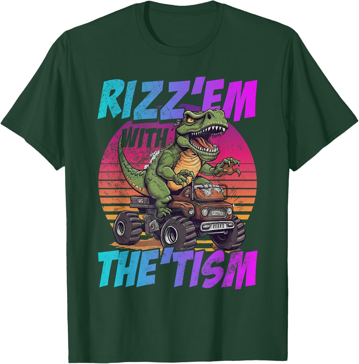 Rizz Em With The Tism Dinosaur Trex Meme Funny Autism Grunge T-Shirt - T-Shirt | Forest
