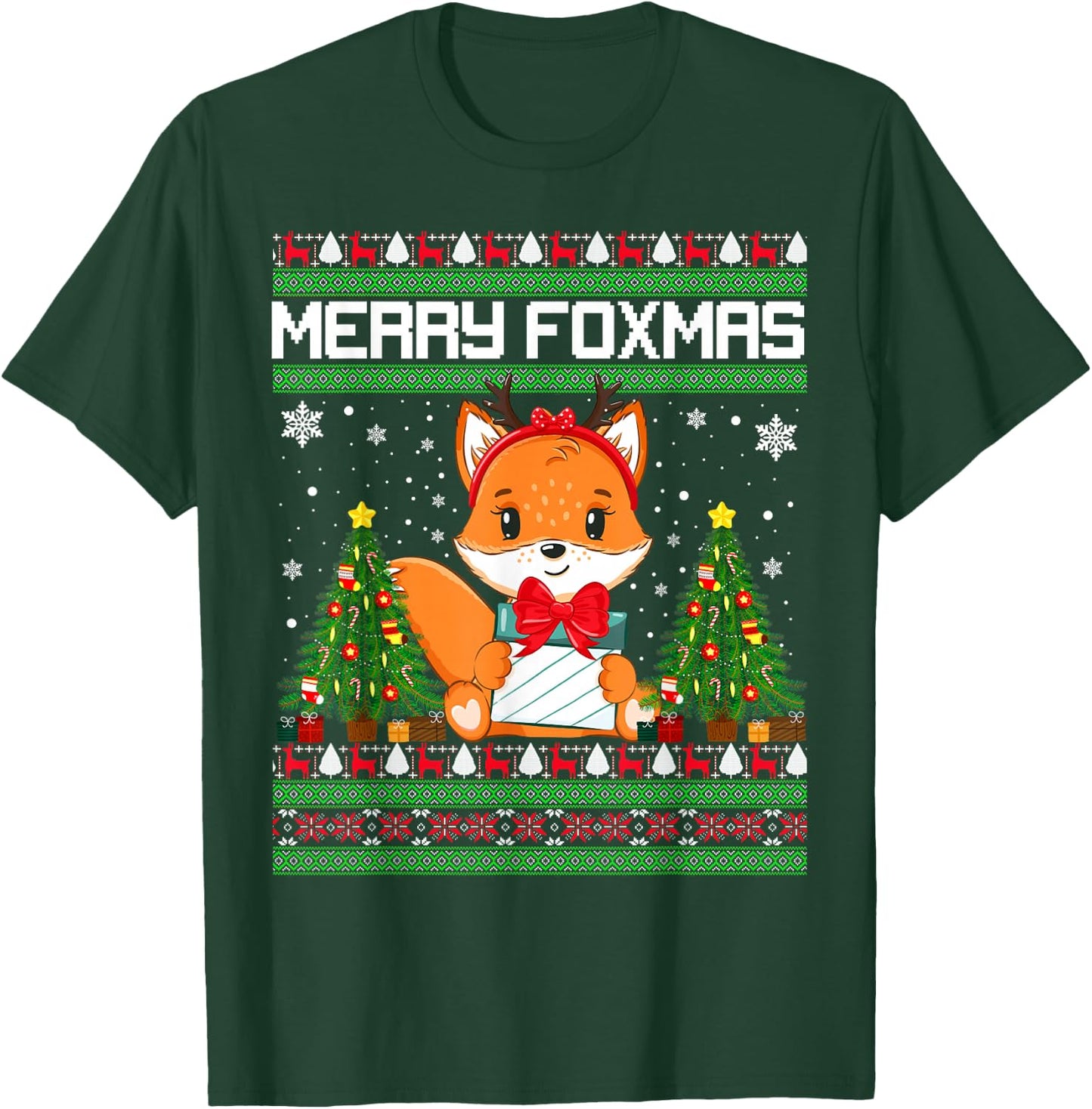 Merry Foxmas Santa Fox Lights Fox Lovers Ugly Xmas Sweater T-Shirt - T-Shirt | Forest
