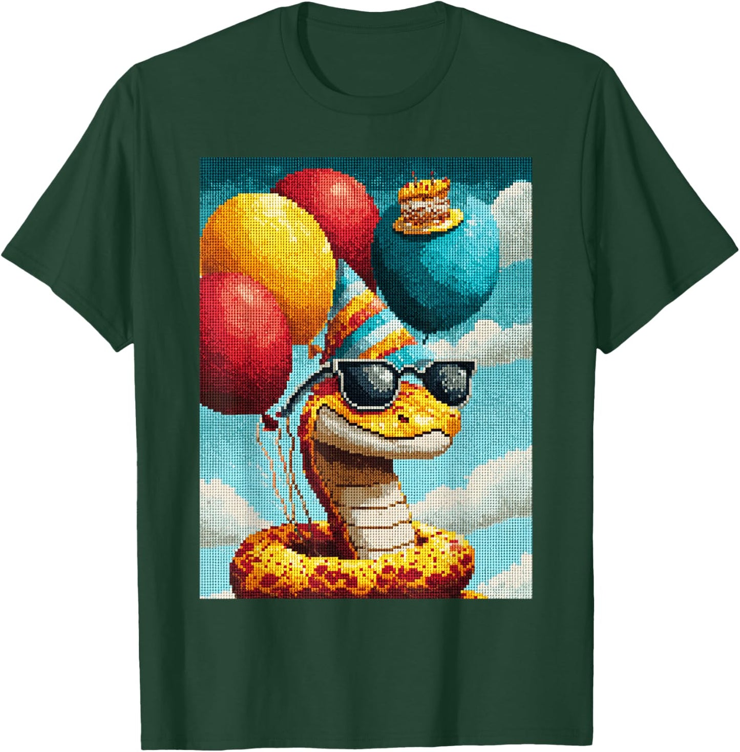 Retro Snake Birthday Party Balloons & Cake Pixel Animal T-Shirt - T-Shirt | Forest