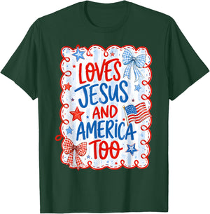 Loves Jesus America Too USA 4th July Christian Women Girl T-Shirt - T-Shirt | Forest