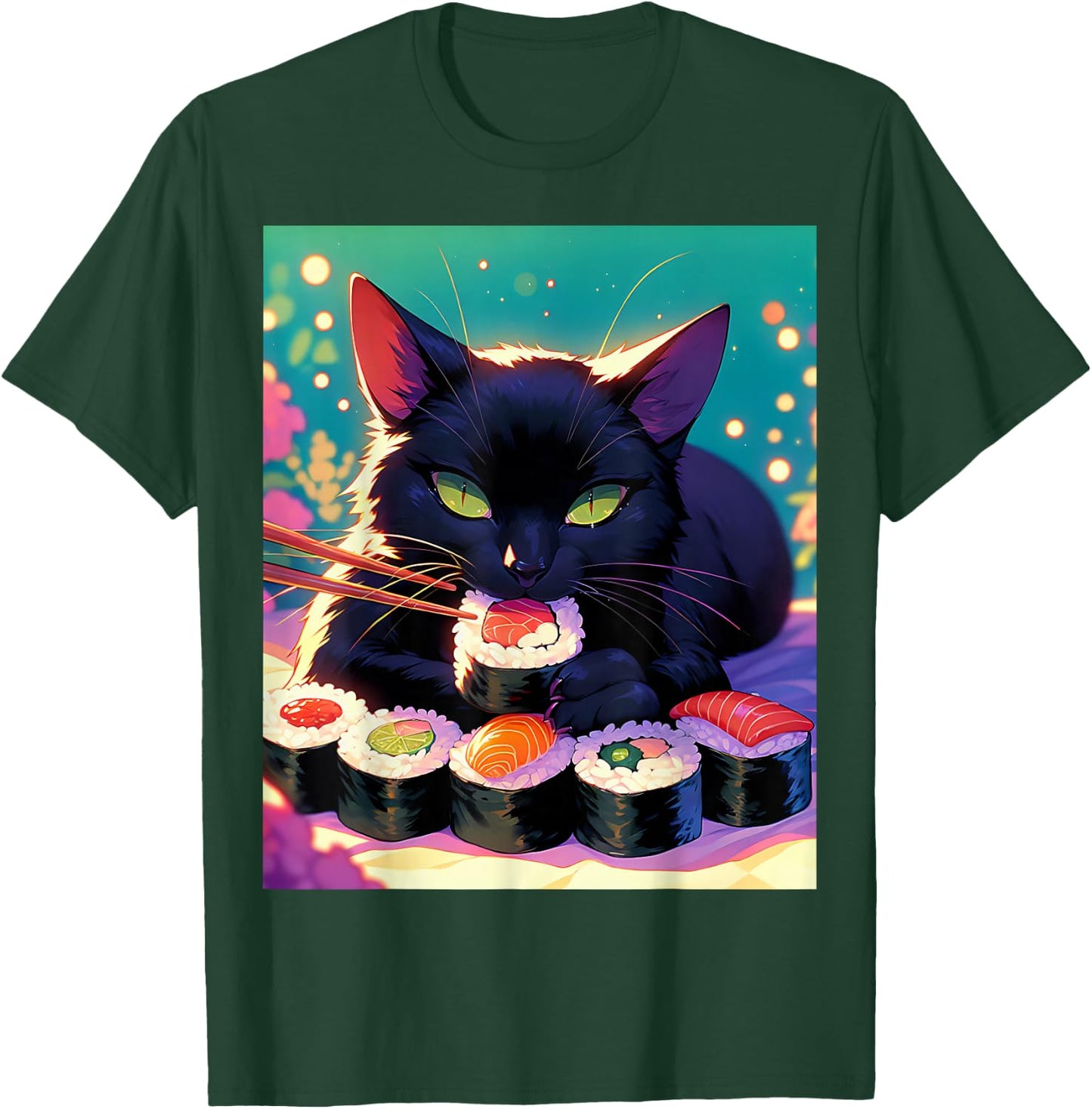 Black Cat Eating Sushi Anime Funny Cat Gifts Men Women Kids T-Shirt - T-Shirt | Forest