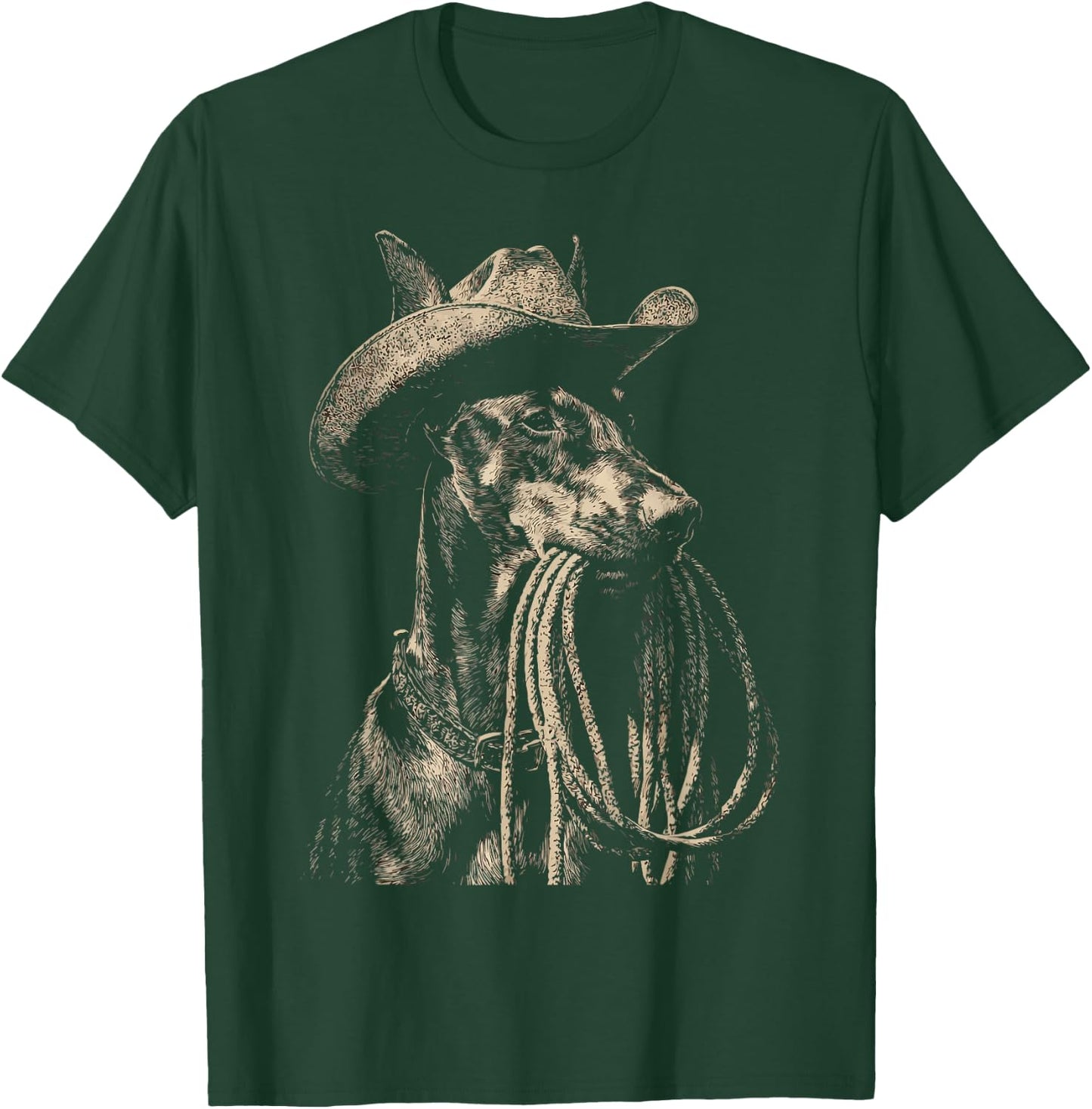 Rustic Doberman with Cowboy Hat Lasso Western Dog Rodeo T-Shirt - T-Shirt | Forest