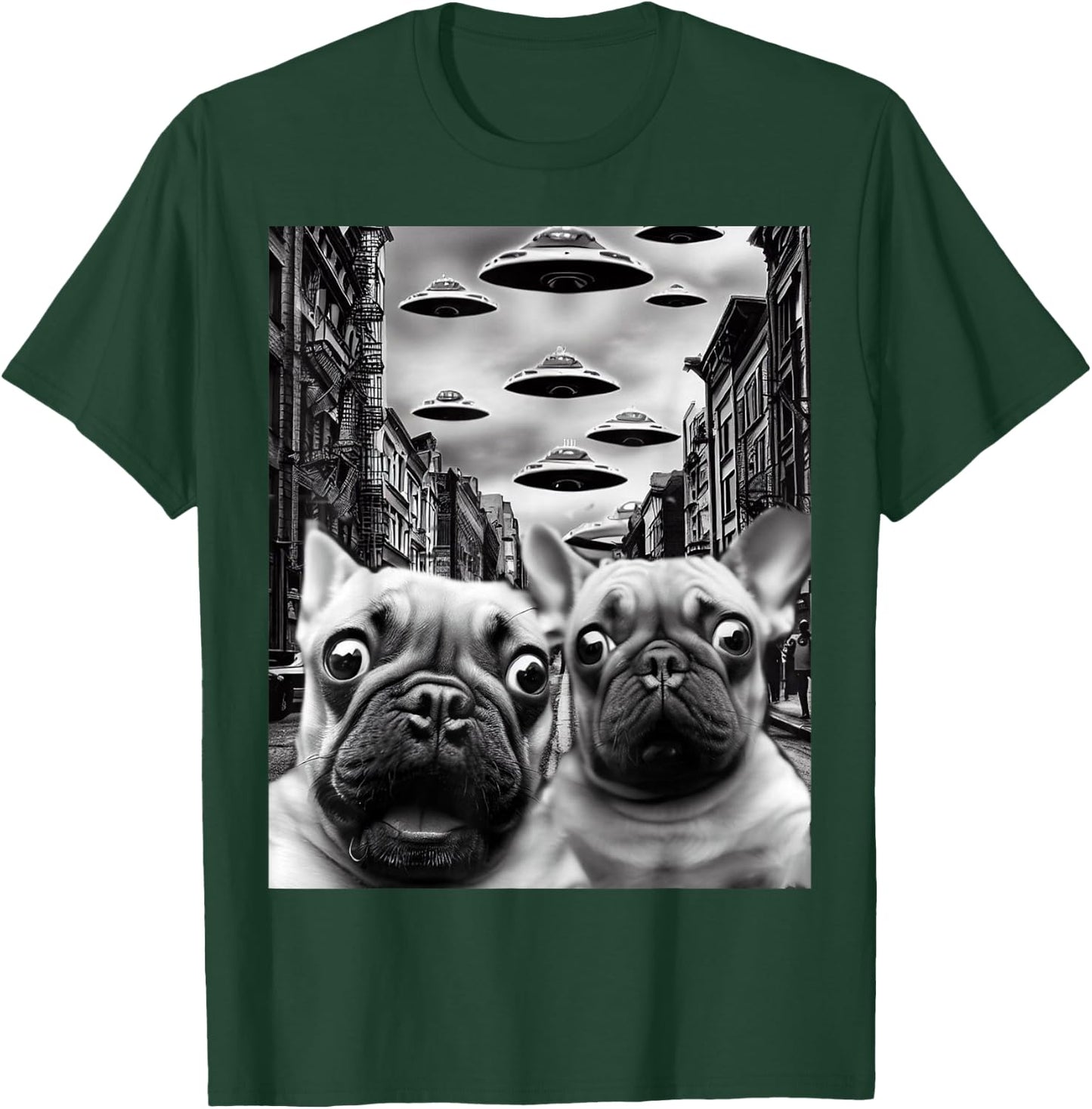 Frenchie UFO Selfie - Funny French Bulldog Alien Gift T-Shirt - T-Shirt | Forest