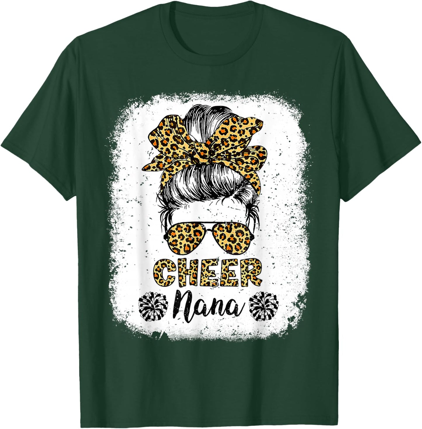 Cheer Nana Leopard Messy Bun Cheerleader Bleached T-Shirt - T-Shirt | Forest