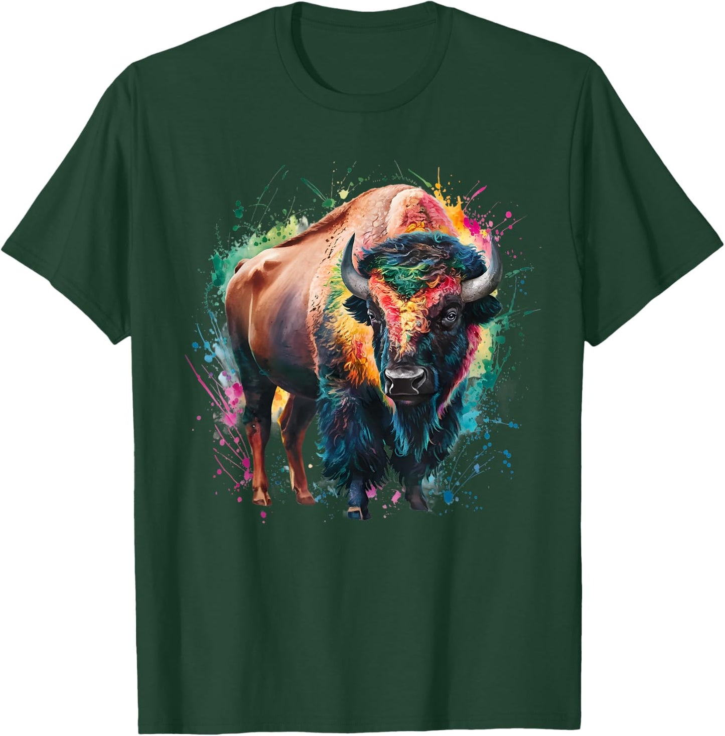Bison Men's Women's Colourful Watercolour Bison T-Shirt - T-Shirt | Forest