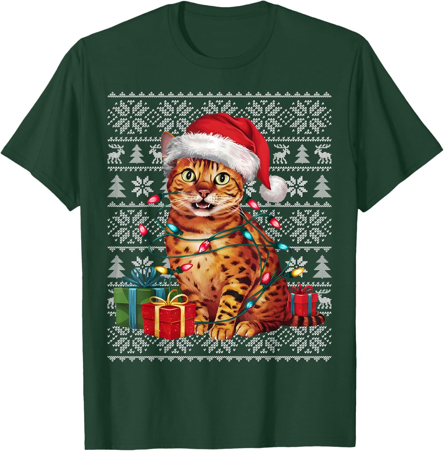 Xmas Sweater Style Ugly Santa Hat Bengal Cat Christmas Women Kids T-Shirt - T-Shirt | Forest